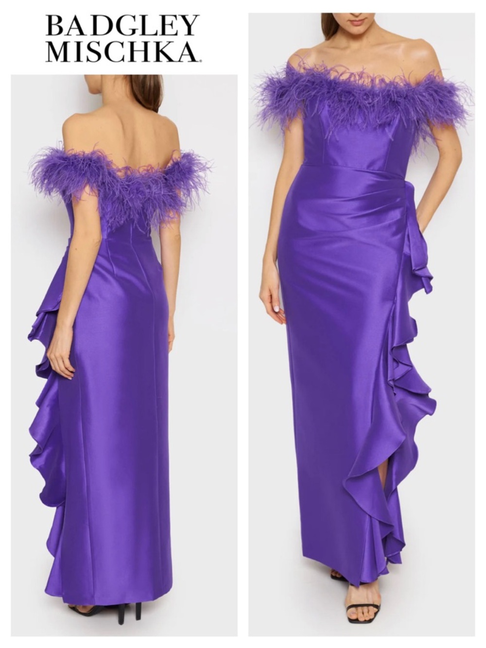 BADGLEY MISCHKA Off-The-Shoulder Gown with Feather Trim